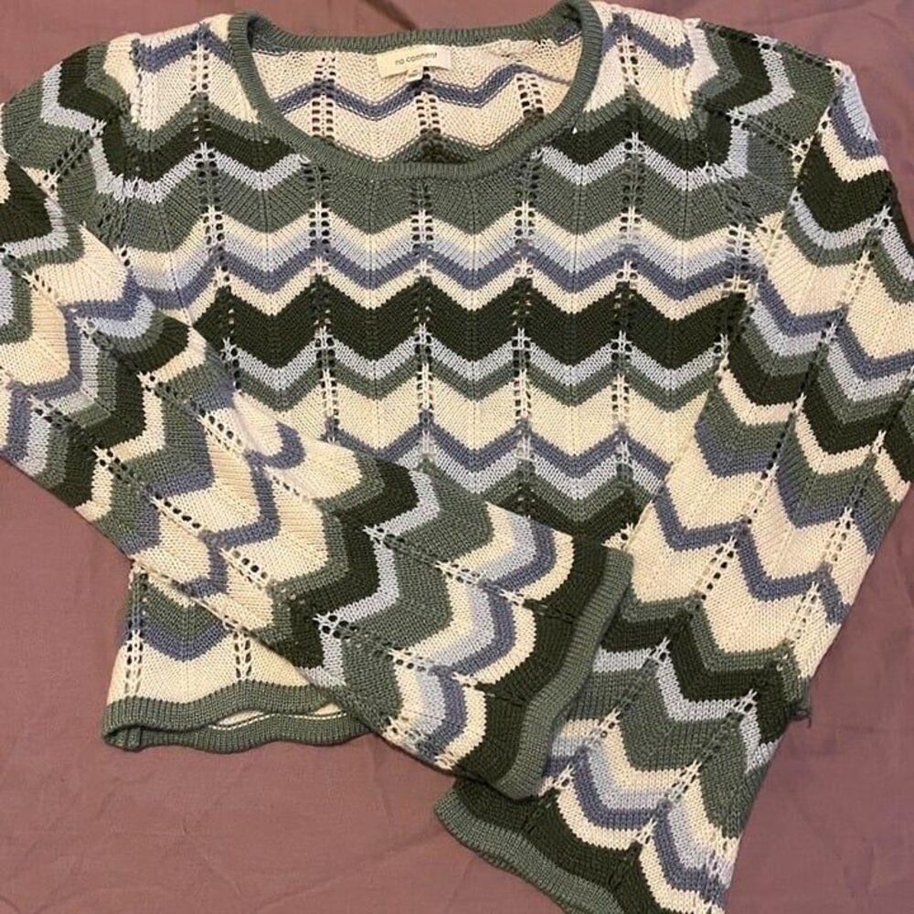 No Comment green and blue chevron pointelle knit crop top with bell sleeves